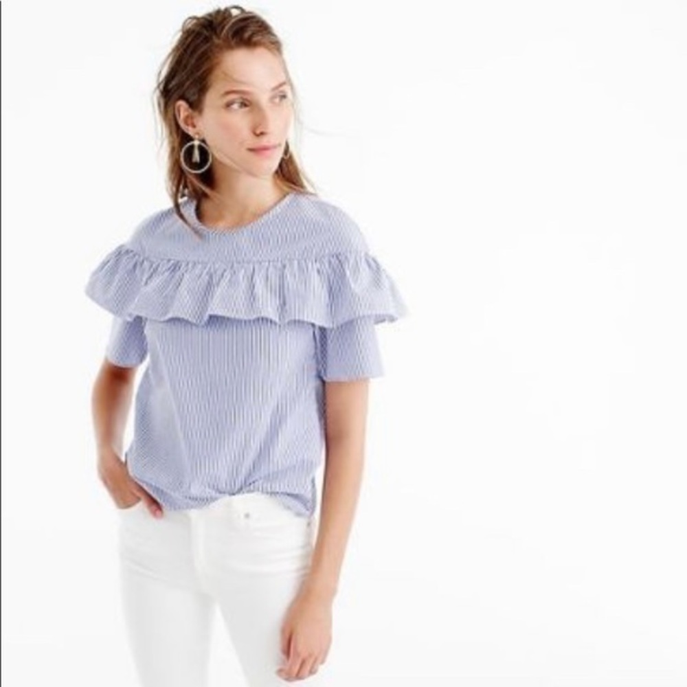 J. Crew Edie blue striped ruffle blouse size 2
